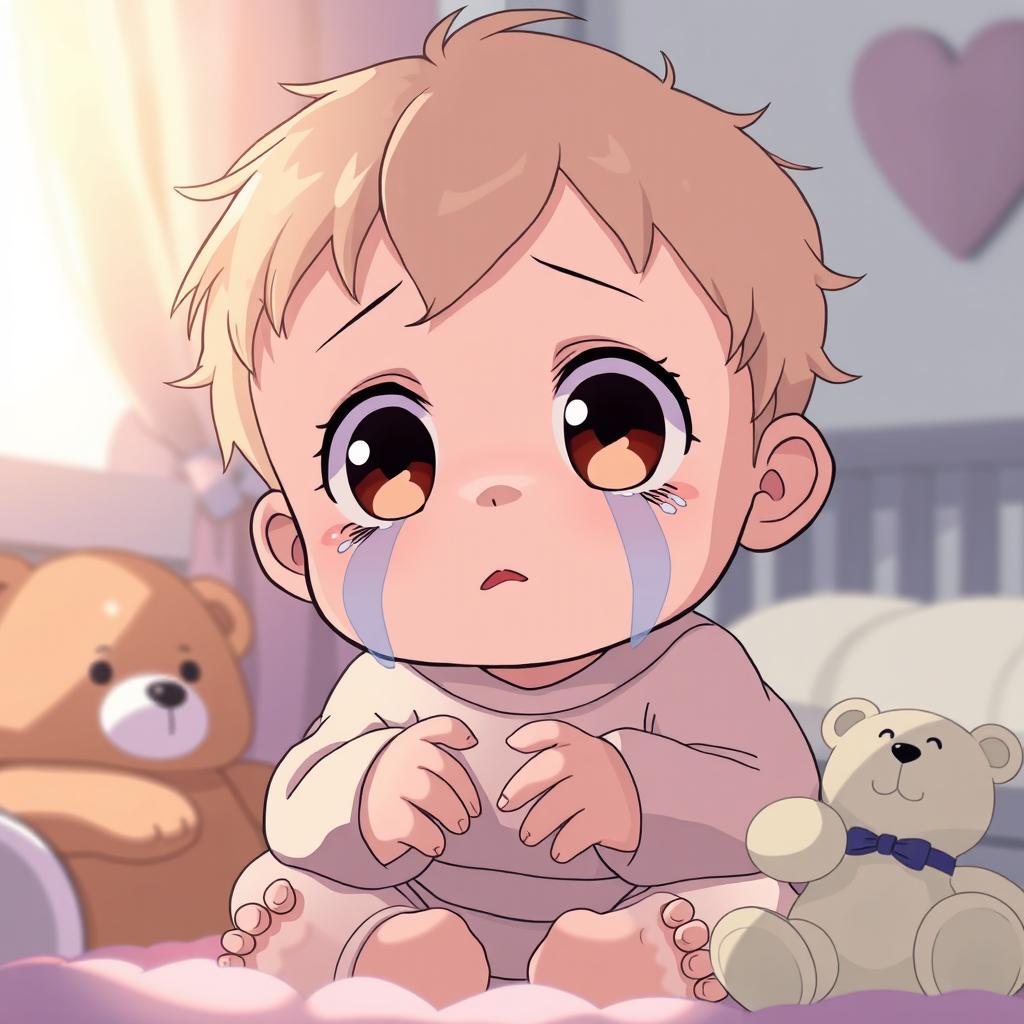 An emotional anime-style baby with big, expressive eyes, tears streaming down its cheeks, sitting in a cozy nursery filled with pastel colors