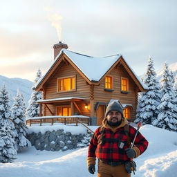 A charming Christmas house situated on a snowy mountain scenery during the morning