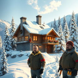A charming Christmas house situated on a snowy mountain scenery during the morning