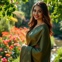 A beautiful, elegant woman dressed in a luxurious silk sirt, standing gracefully in a lush garden filled with vibrant flowers and greenery