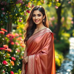 A beautiful, elegant woman dressed in a luxurious silk sirt, standing gracefully in a lush garden filled with vibrant flowers and greenery