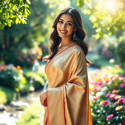 A beautiful, elegant woman dressed in a luxurious silk sirt, standing gracefully in a lush garden filled with vibrant flowers and greenery