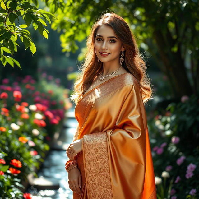 A beautiful, elegant woman dressed in a luxurious silk sirt, standing gracefully in a lush garden filled with vibrant flowers and greenery