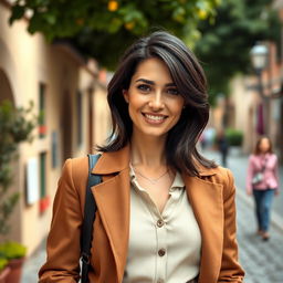 A 39-year-old woman with dark hair and distinct Italian features, fully clad in fashionable clothing that highlights her sophisticated style