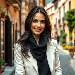 A 39-year-old woman with dark hair and distinct Italian features, fully clad in fashionable clothing that highlights her sophisticated style