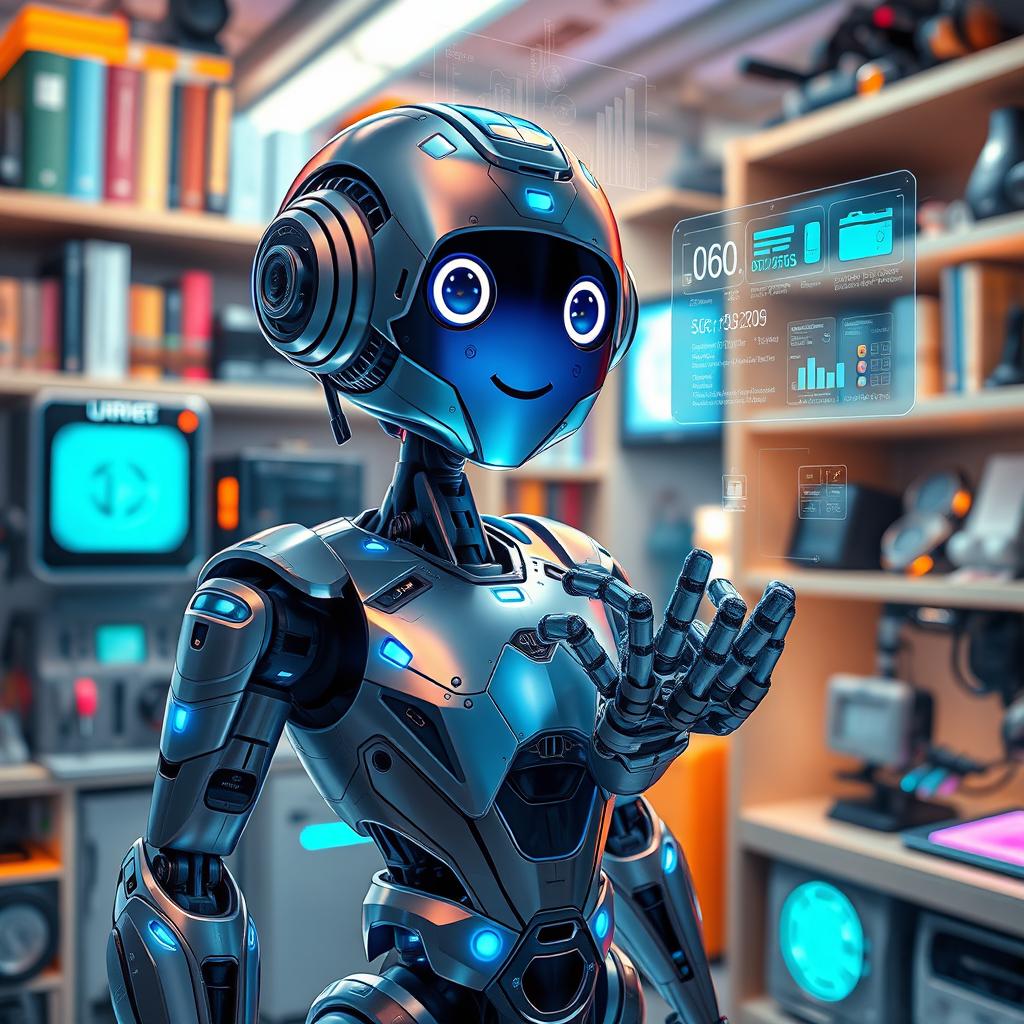 A futuristic robot with intricate designs, featuring glowing blue circuits and a sleek metallic body, standing in a high-tech laboratory filled with advanced gadgets and holographic screens