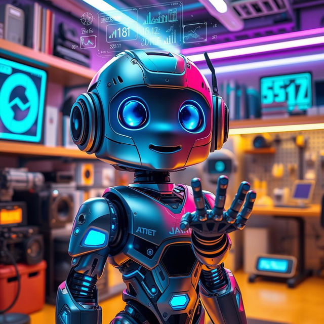 A futuristic robot with intricate designs, featuring glowing blue circuits and a sleek metallic body, standing in a high-tech laboratory filled with advanced gadgets and holographic screens