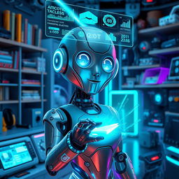 A futuristic robot with intricate designs, featuring glowing blue circuits and a sleek metallic body, standing in a high-tech laboratory filled with advanced gadgets and holographic screens