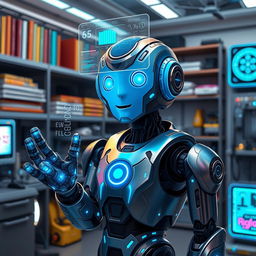 A futuristic robot with intricate designs, featuring glowing blue circuits and a sleek metallic body, standing in a high-tech laboratory filled with advanced gadgets and holographic screens