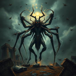 An artistic representation of Baʿal Zəbûb, the Lord of the Flies, featuring a striking figure with many spider-like legs, each jointed leg emphasizing an agile and eerie movement
