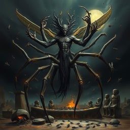 An artistic representation of Baʿal Zəbûb, the Lord of the Flies, featuring a striking figure with many spider-like legs, each jointed leg emphasizing an agile and eerie movement