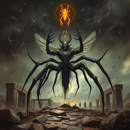 An artistic representation of Baʿal Zəbûb, the Lord of the Flies, featuring a striking figure with many spider-like legs, each jointed leg emphasizing an agile and eerie movement