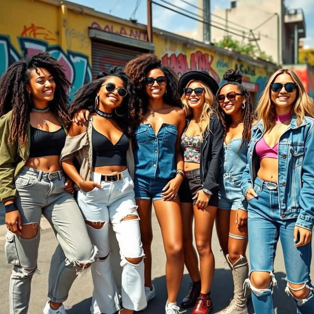 A group of stylish and confident young women in a vibrant urban setting, showcasing diverse fashion styles ranging from trendy streetwear to chic outfits