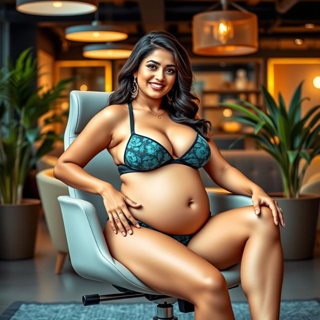 A vibrant image of Shruti Haasan sitting gracefully on a modern office chair, wearing a stylish bikini that highlights her big belly and ample breasts