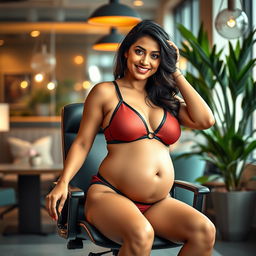 A vibrant image of Shruti Haasan sitting gracefully on a modern office chair, wearing a stylish bikini that highlights her big belly and ample breasts