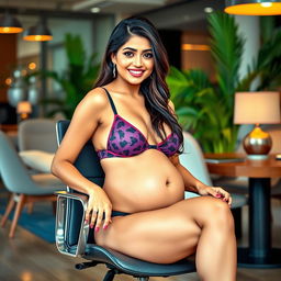 A vibrant image of Shruti Haasan sitting gracefully on a modern office chair, wearing a stylish bikini that highlights her big belly and ample breasts