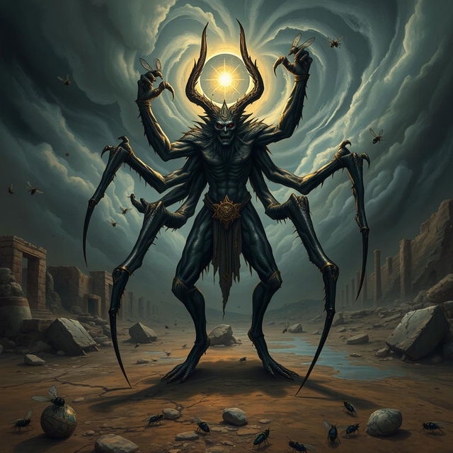 An artistic depiction of Baʿal Zəbûb, the Lord of the Flies, illustrating his ominous presence with multiple one-joint spider-like legs that evoke both agility and horror