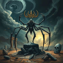 An artistic depiction of Baʿal Zəbûb, the Lord of the Flies, illustrating his ominous presence with multiple one-joint spider-like legs that evoke both agility and horror