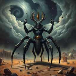 An artistic depiction of Baʿal Zəbûb, the Lord of the Flies, illustrating his ominous presence with multiple one-joint spider-like legs that evoke both agility and horror