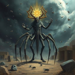 An artistic depiction of Baʿal Zəbûb, the Lord of the Flies, illustrating his ominous presence with multiple one-joint spider-like legs that evoke both agility and horror