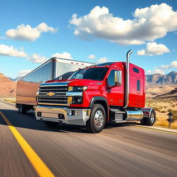 A 2024 Chevrolet Silverado depicted as a powerful semi-truck, featuring a robust and sleek design with a bold front grille and striking headlights
