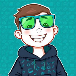 A cartoon-style avatar featuring a person wearing a dark gray hoodie adorned with a vibrant teal patterned background