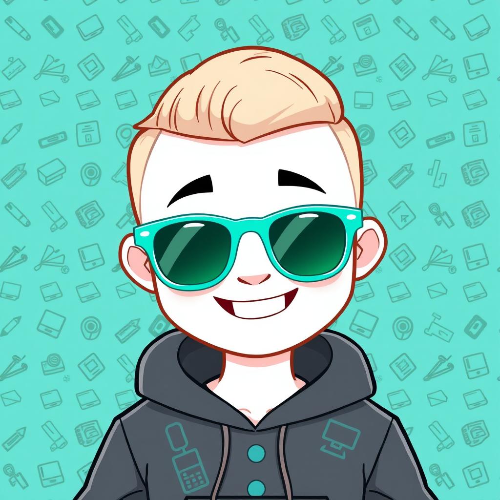 A cartoon-style avatar featuring a person wearing a dark gray hoodie adorned with a vibrant teal patterned background