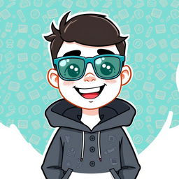 A cartoon-style avatar featuring a person wearing a dark gray hoodie adorned with a vibrant teal patterned background