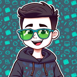 A cartoon-style avatar featuring a person wearing a dark gray hoodie adorned with a vibrant teal patterned background
