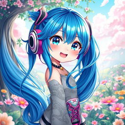 A stunning digital artwork featuring a blue-haired anime girl with vibrant and flowing hair