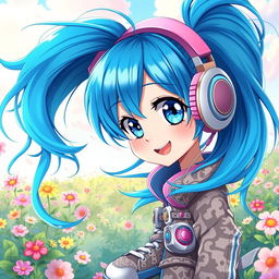 A stunning digital artwork featuring a blue-haired anime girl with vibrant and flowing hair