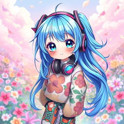 A stunning digital artwork featuring a blue-haired anime girl with vibrant and flowing hair