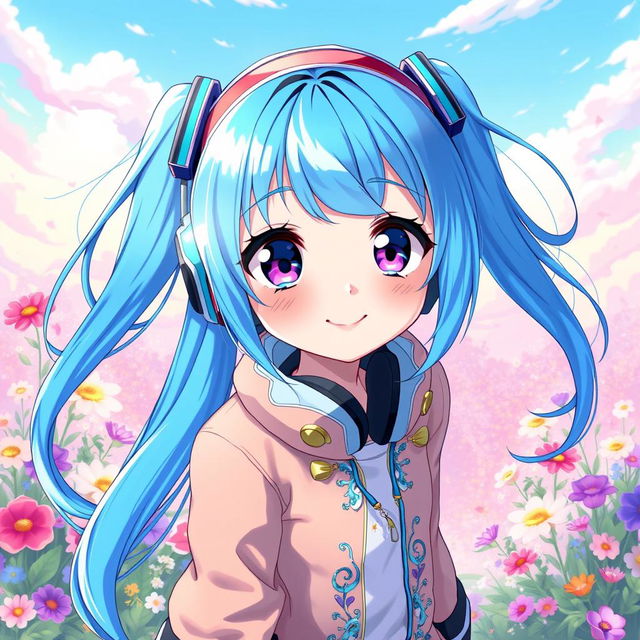 A stunning digital artwork featuring a blue-haired anime girl with vibrant and flowing hair