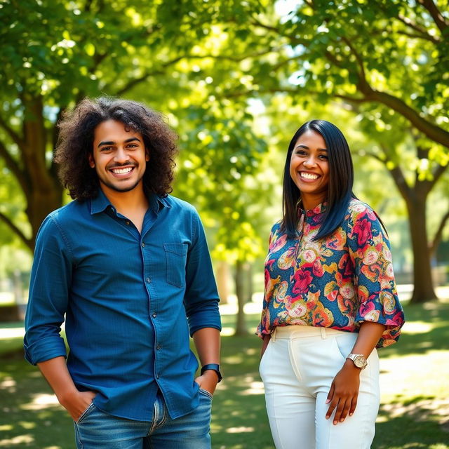 A vibrant and lively photograph featuring two members of a team standing together