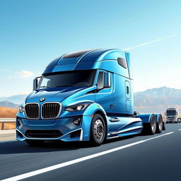 A creative illustration of a BMW designed as a semi-truck, showcasing a stylish fusion of luxury car aesthetics and heavy-duty truck functionality