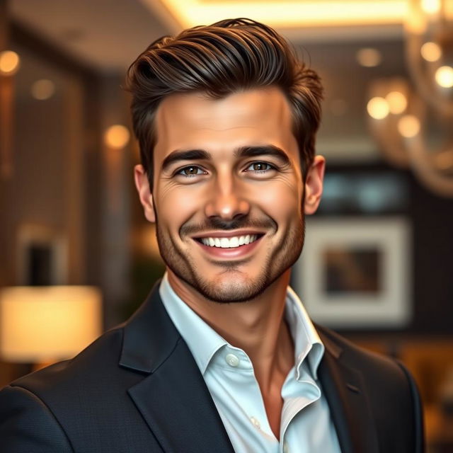 A stunning portrait of a handsome man with sharp features, styled hair, and a charming smile