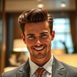 A stunning portrait of a handsome man with sharp features, styled hair, and a charming smile