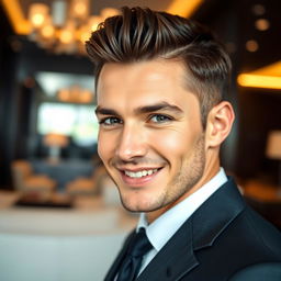A stunning portrait of a handsome man with sharp features, styled hair, and a charming smile