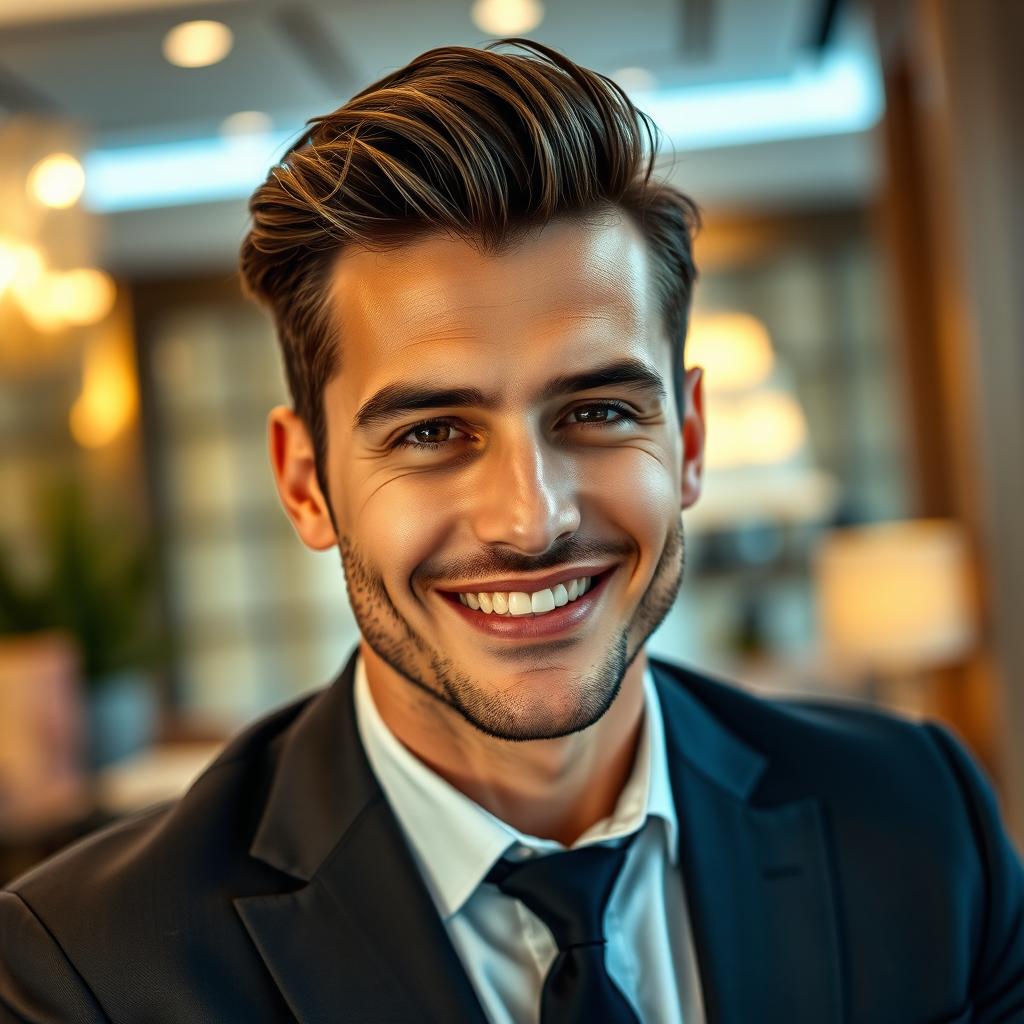 A stunning portrait of a handsome man with sharp features, styled hair, and a charming smile