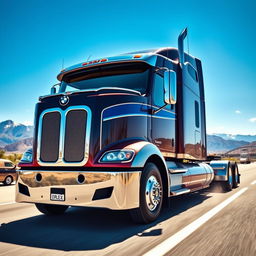 A highly detailed and visually striking image of a BMW branded semi-truck, showcasing its sleek design and modern features