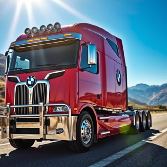 A highly detailed and visually striking image of a BMW branded semi-truck, showcasing its sleek design and modern features