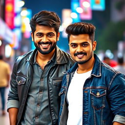 A vibrant portrait of two popular South Indian actors, Ajith Kumar and Vijay, standing confidently side by side