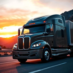 A powerful BMW semi-truck in a dynamic driving pose, showcasing its sleek design and advanced features