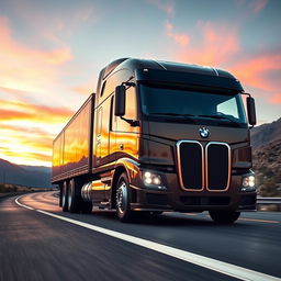 A powerful BMW semi-truck in a dynamic driving pose, showcasing its sleek design and advanced features