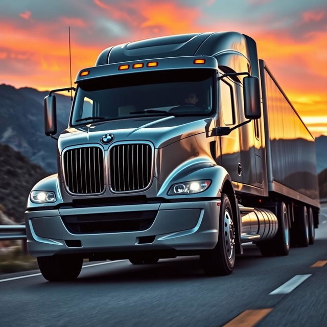 A powerful BMW semi-truck in a dynamic driving pose, showcasing its sleek design and advanced features