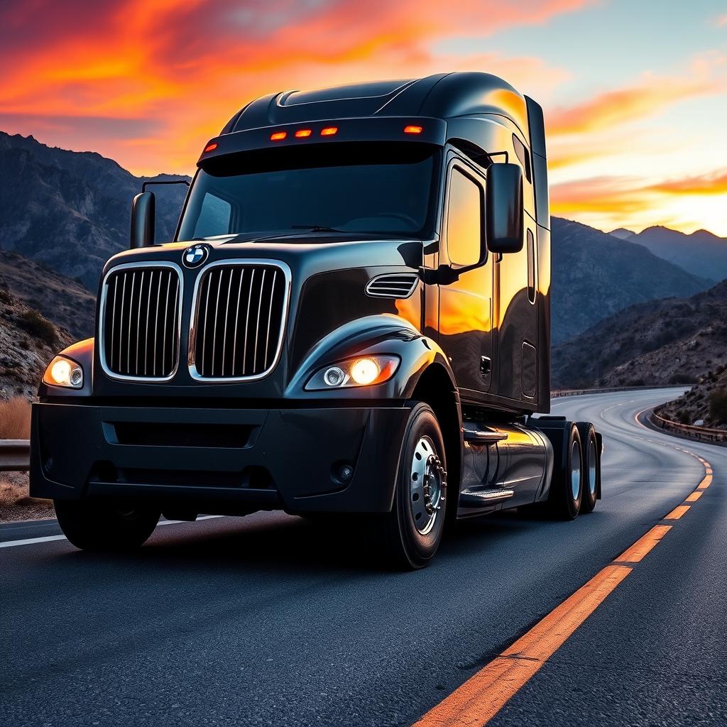 A powerful BMW semi-truck in a dynamic driving pose, showcasing its sleek design and advanced features