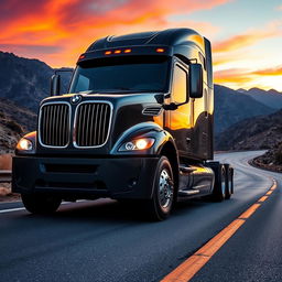 A powerful BMW semi-truck in a dynamic driving pose, showcasing its sleek design and advanced features