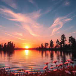A stunningly beautiful digital artwork of a serene sunset over a tranquil lake, with vibrant orange and pink hues reflecting on the calm water's surface