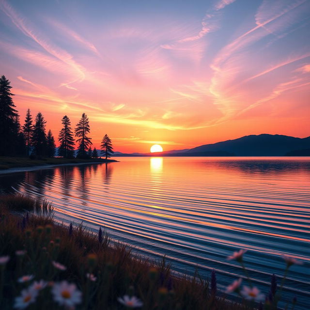 A stunningly beautiful digital artwork of a serene sunset over a tranquil lake, with vibrant orange and pink hues reflecting on the calm water's surface