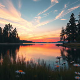 A stunningly beautiful digital artwork of a serene sunset over a tranquil lake, with vibrant orange and pink hues reflecting on the calm water's surface